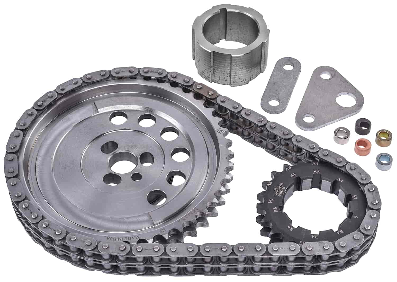 JEGS Double Roller Timing Chain Set for GM LS Series Engines - Adjustable Cam Timing - Compatible with 1 Position Sensor & 3-Bolt Cam Sprocket Design - Perfect for Performance Upgrades & Engine Rebuilds