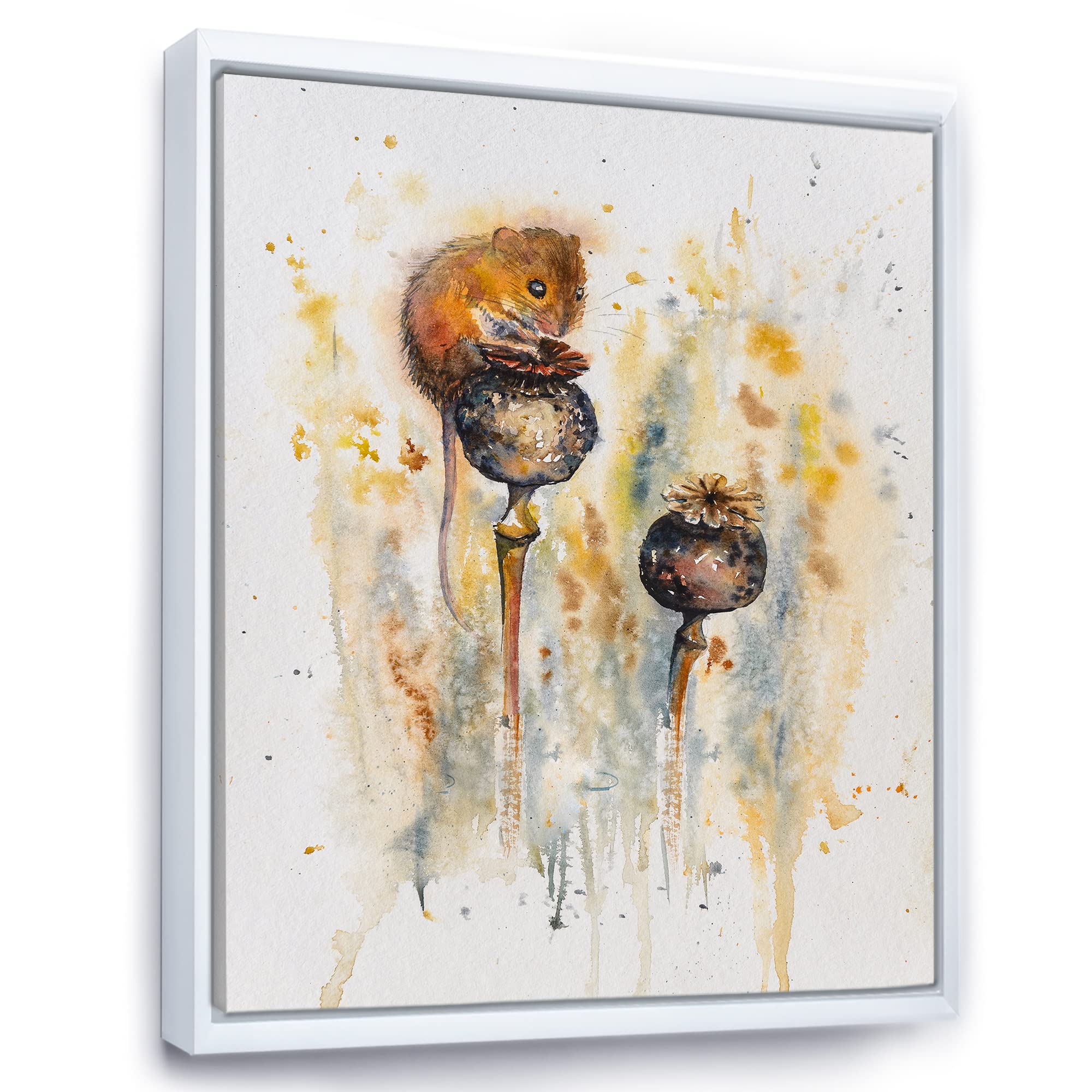 Mouse Sitting on Poppies - Traditional Framed Canvas Wall Art Print for Home Decor, Living Room, Bedroom & Office