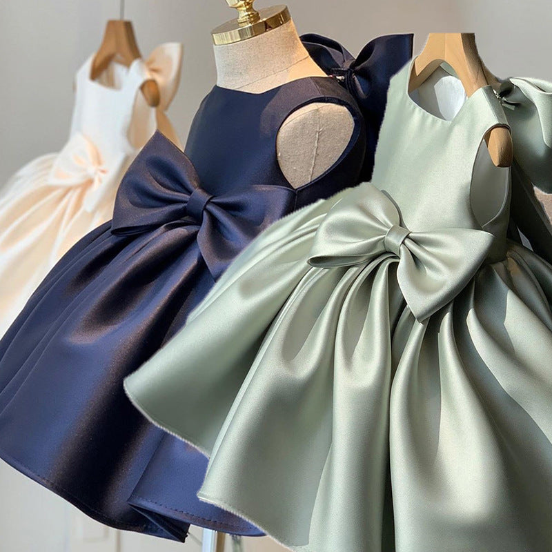 Princess Satin Flower Girl Dress with Bow - Tea Length Sleeveless Flower Girl Outfit for Weddings, Parties & Special Occasions
