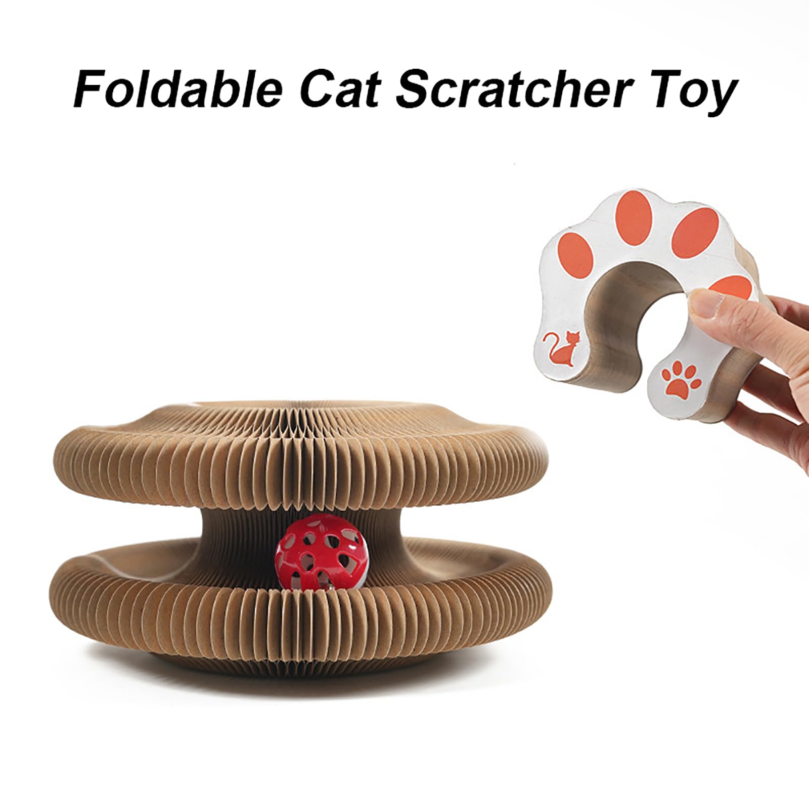 FOTN Kitty Kurlz Interactive Cat Toy with Bell Ball - Foldable Accordion Shape Cardboard Scratcher for Indoor Cats - Anxiety Relief & Exercise Toy - Perfect for Playtime, Training & Stress Relief (1PC)