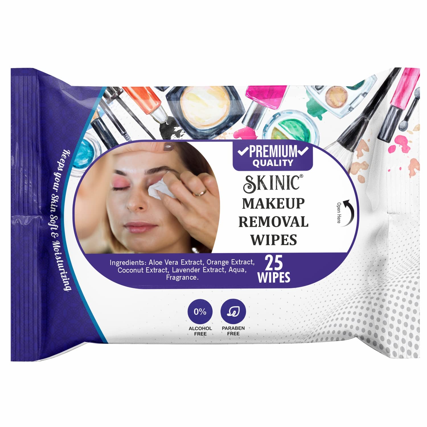 Skinic Makeup Remover Wipes - Alcohol-Free & Chemical-Free Facial Cleansing Wipes for Face & Eyes | Gentle Natural Formula for All Skin Types | Travel-Size Pack of 25 Wipes | Perfect for Travel, Gym & Daily Makeup Removal
