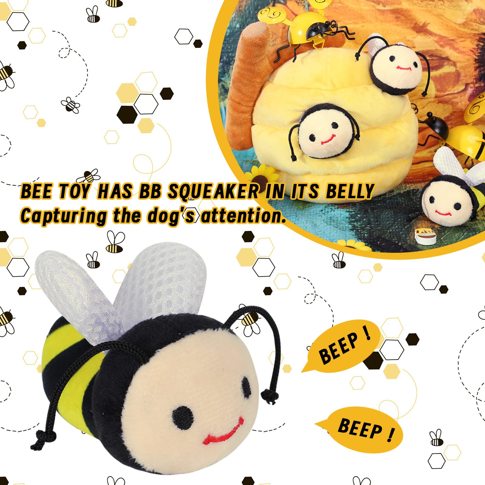 Whaline 4Pcs Interactive Dog Toys - Squeaky Bee Honey Pot Puzzle Toys for Hide & Seek, Tough Chew Teething for Small Medium Large Dogs | Fun Boredom Relief & Mental Stimulation for Puppies & Adult Dogs - Perfect for Indoor Play, Training Rewards & Outdoor Activities