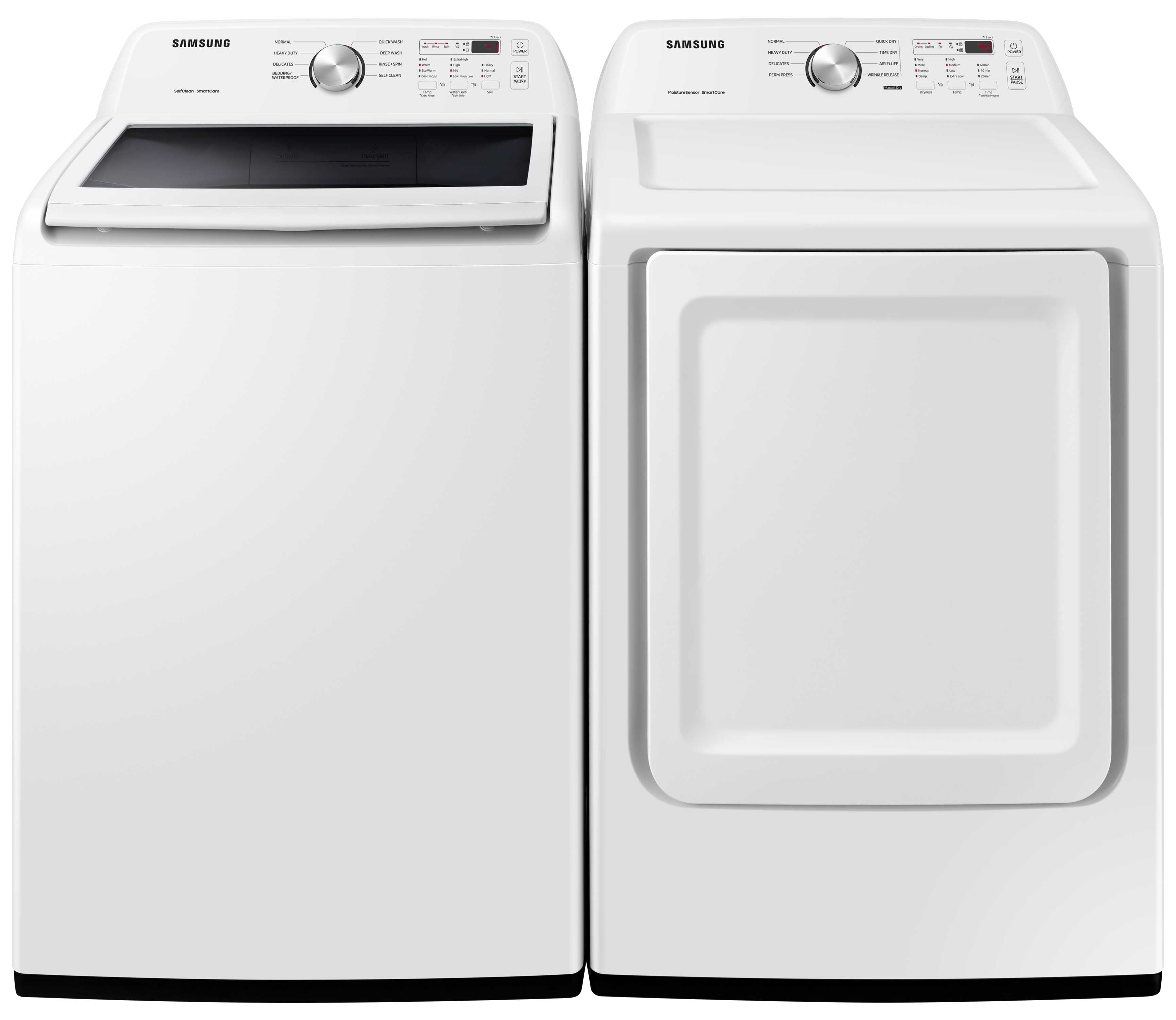 Samsung 5.0 cu.ft White Top Load Washer & 7.2 cu.ft Electric Dryer Set - WA44A3205AW/DVE45T3200W for Large Family Laundry Room - Energy Efficient & Quiet Operation