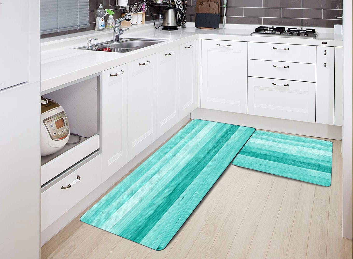 TOMWISH Non-Slip Teal Kitchen Rugs Set - 2 PCS Turquoise Green Painted Mats (17