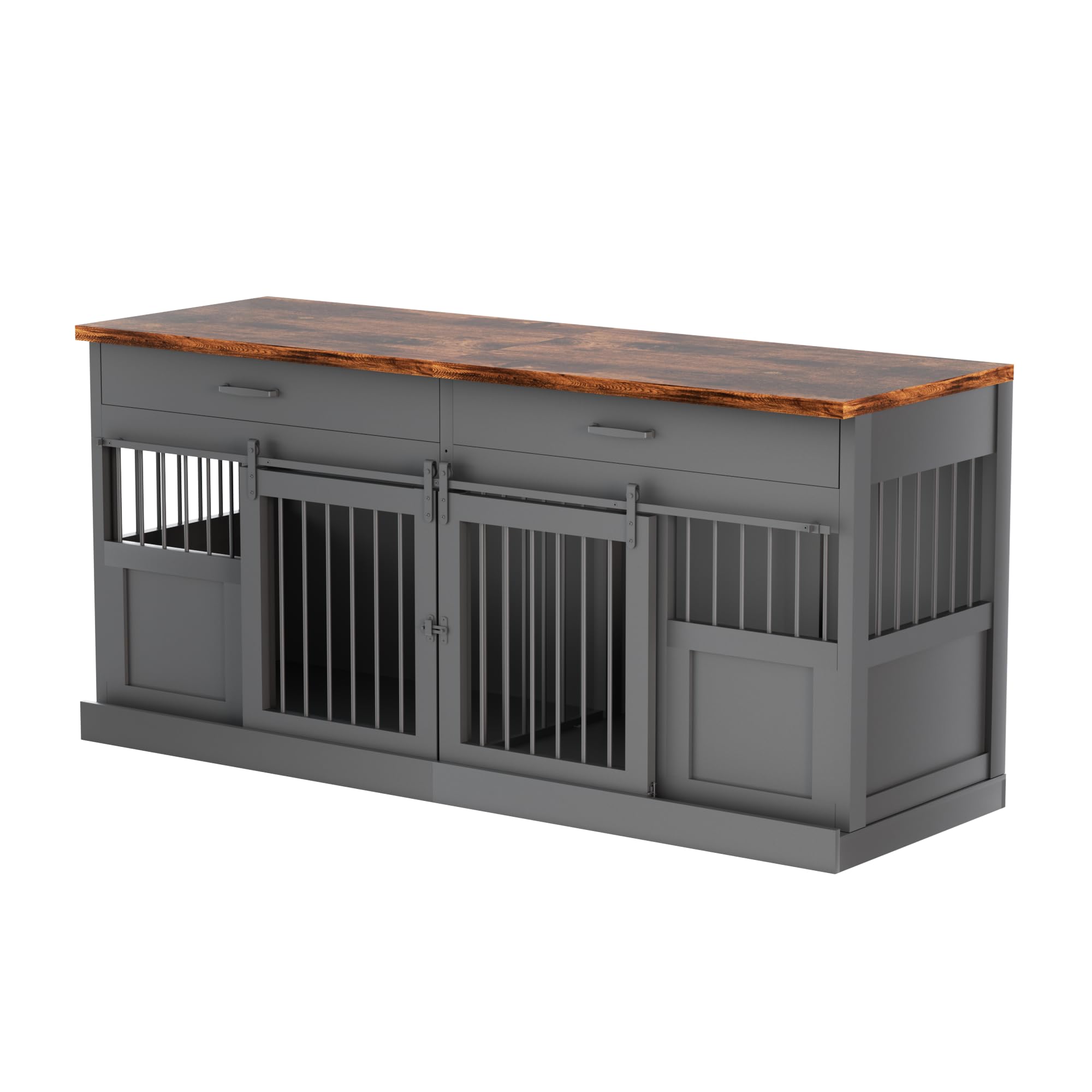 71 Inch XXL Heavy Duty Dog Crate Furniture for 2 Dogs - Decorative Indoor Kennel with Removable Divider, 2 Storage Drawers & Sliding Doors - Black | Perfect for Large Breed Homes, Living Room Pet Furniture & Multi-Dog Households