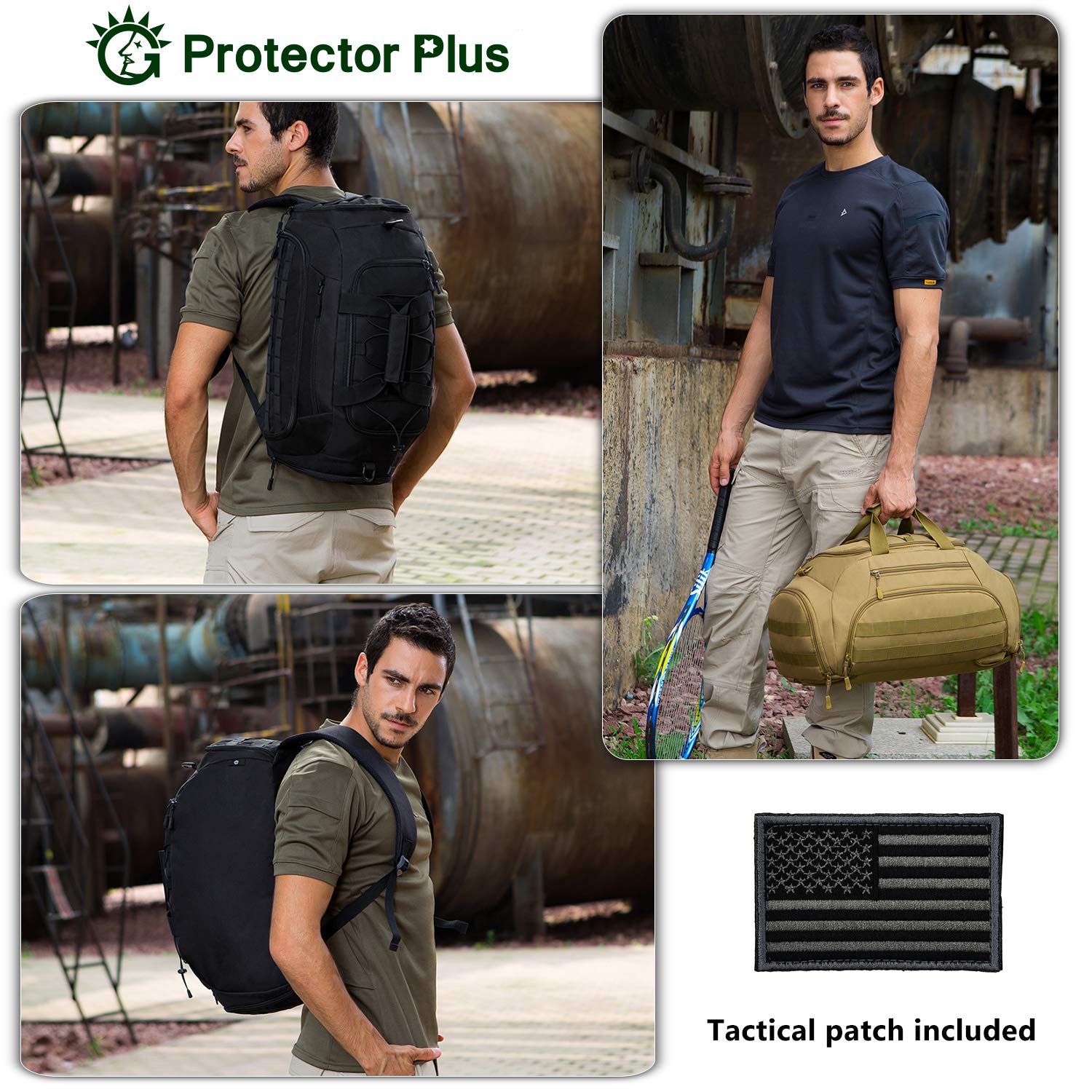 Tactical Duffle Bag 35L - Military MOLLE Gym Backpack for Men, Waterproof Travel Luggage with Rain Cover & Patch - Ideal for Camping, Hiking, Outdoor Sports & Gym Workouts (Black)