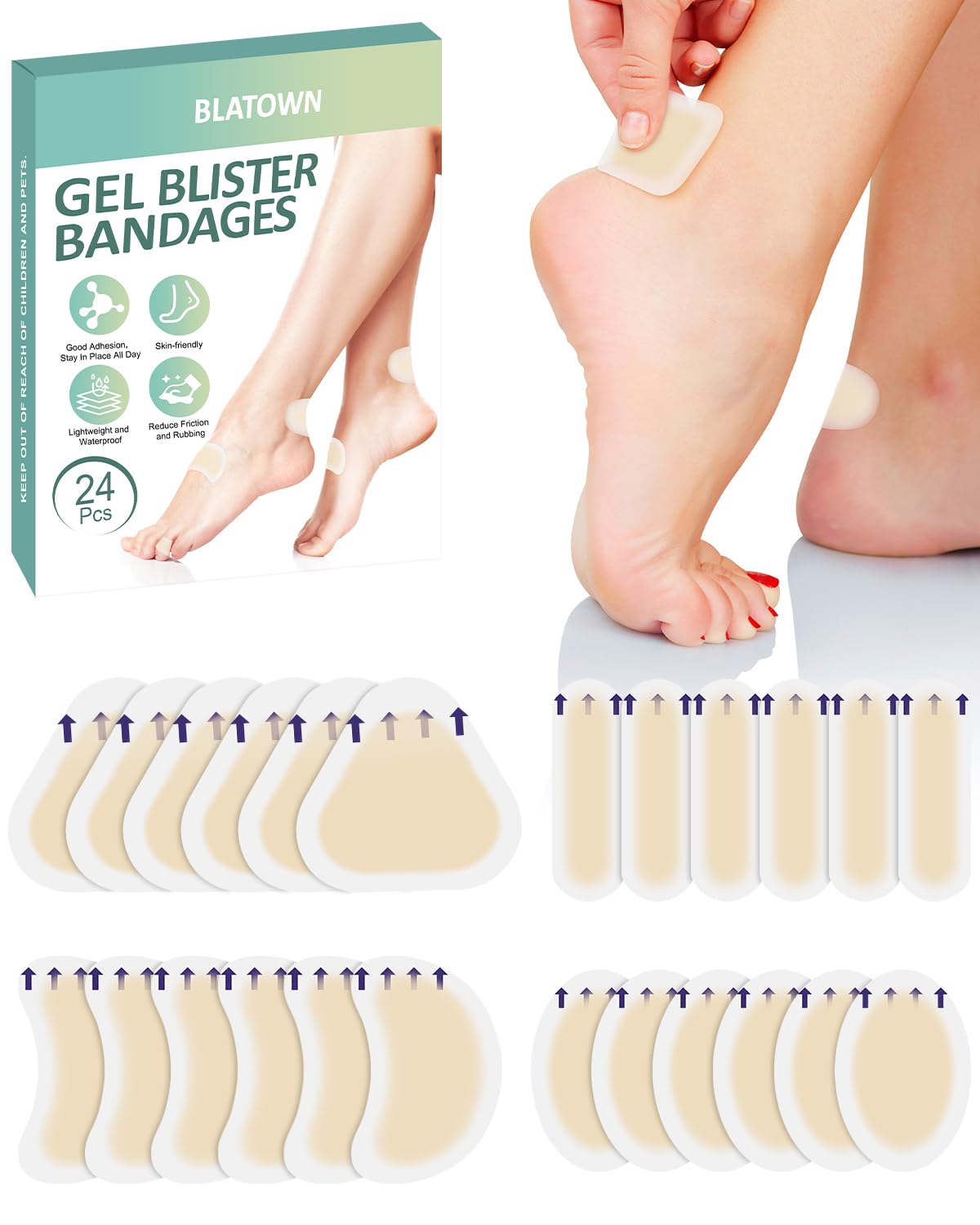 24PCS Hydrocolloid Blister Bandages for Feet - Waterproof Cushion Pads for Heel Blister Prevention & Bunion Relief - Toe Protectors for Men & Women - Ideal for Hiking, Running & Daily Foot Care
