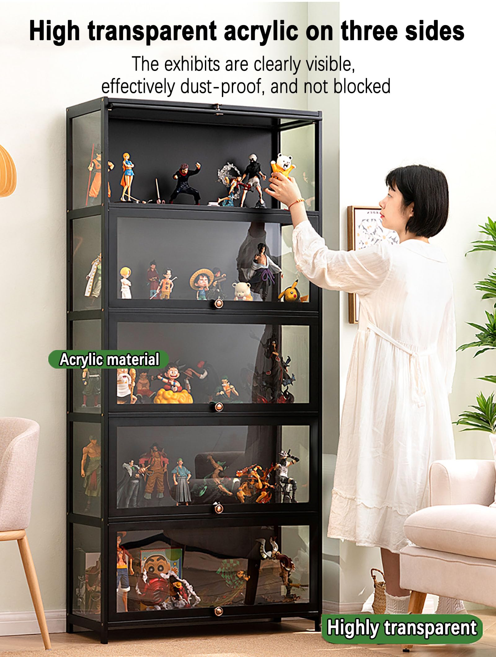ZMHPLKH Natural Bamboo Display Cabinet with Glass Doors - Curio Cabinet, Flip-Top Design, Dust-Proof & Easy Assembly - Perfect for Living Room, Dining Room, or Office Decor