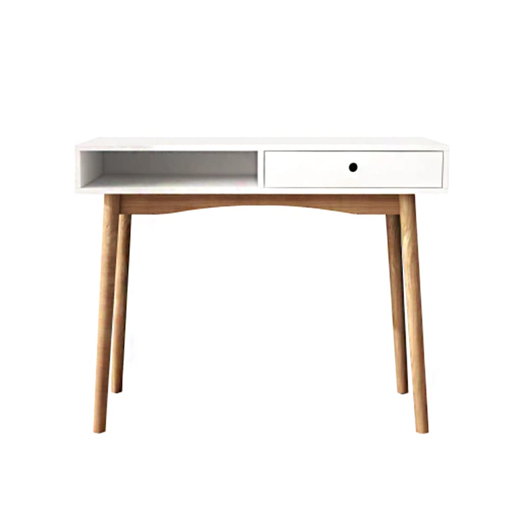 Mid Century Modern Writing Desk with Drawer - Solid Wood Home Office Desk with Sturdy Table Legs in White - Perfect for Small Spaces, Home Office & Study Room