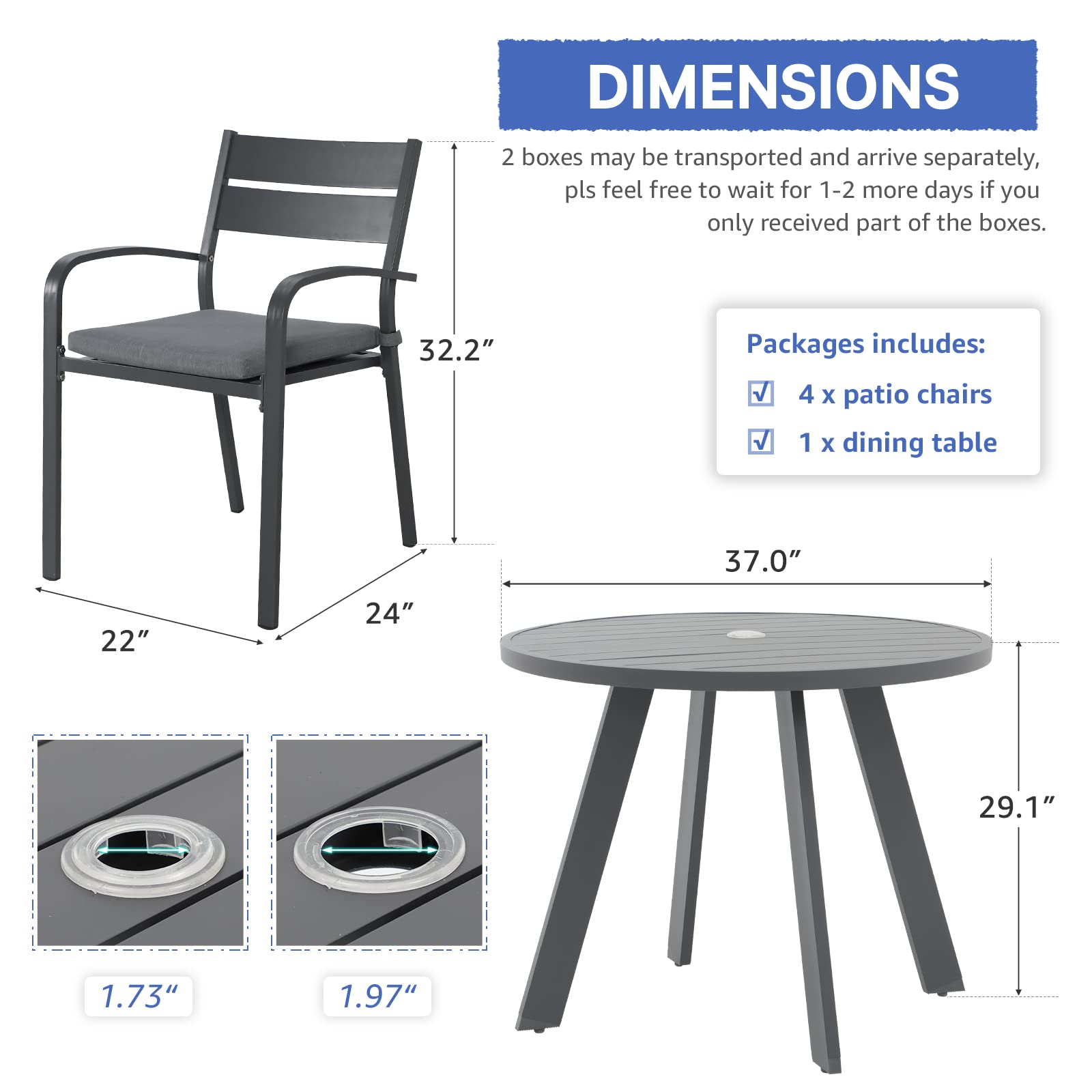 5-Piece Outdoor Dining Set with Round Table & 4 Stackable Chairs - Aluminum Patio Furniture Set with Cushions & Umbrella Hole - Perfect for Garden, Yard, Porch & Poolside - Dark Gray