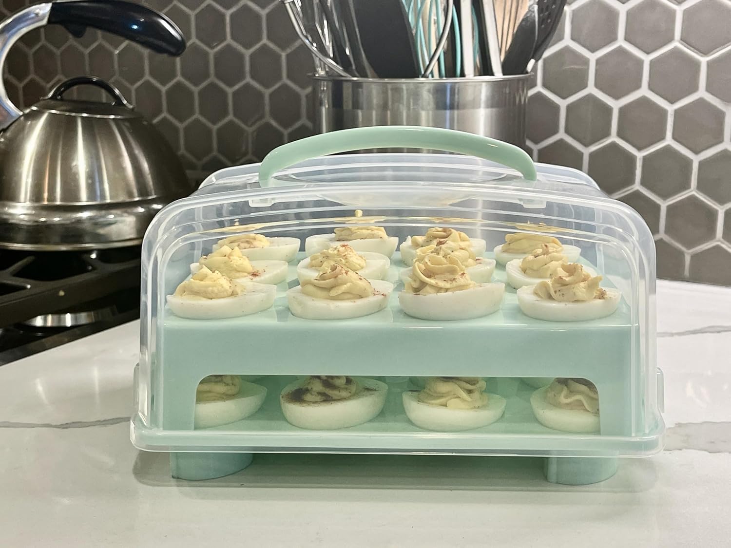 24-Count Deviled Egg Carrier - Durable 2-Tier Egg Holder for Standard Eggs, Reusable Travel Egg Box (Green) - Perfect for Picnics, Parties & Holiday Gatherings