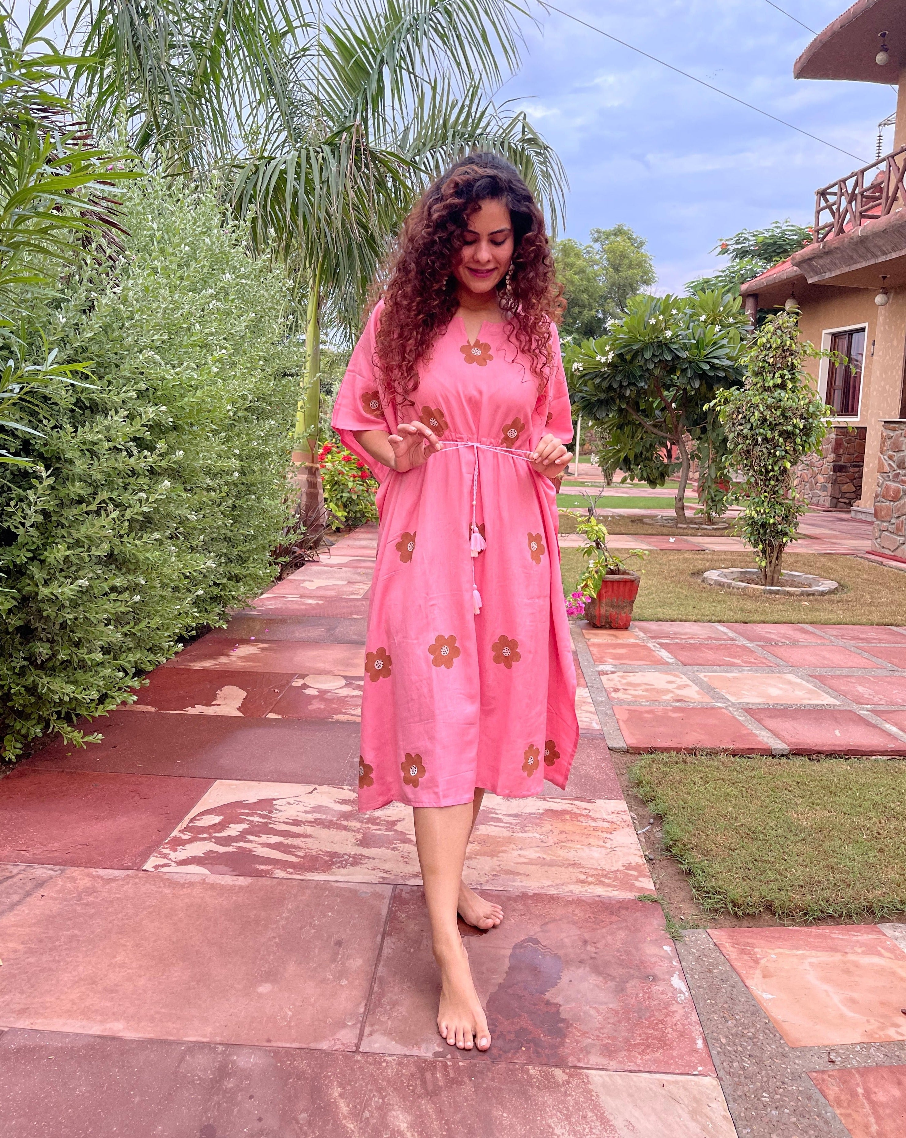 Elegant Pink Kaftan Dress for Women - Boho Chic Summer Beach Cover Up & Lounge Wear - Perfect for Vacations, Pool Parties, and Resort Getaways