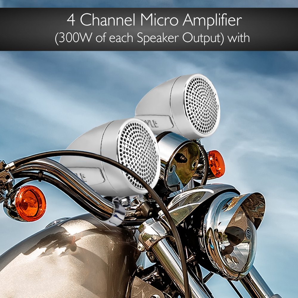 Pyle PLMCA90 1200W Waterproof Motorcycle & ATV Amplifier with Dual Handlebar Speakers, MP3/iPod Input & USB Charger (4-Piece Set) - Perfect for Off-Road Adventures & Long Rides