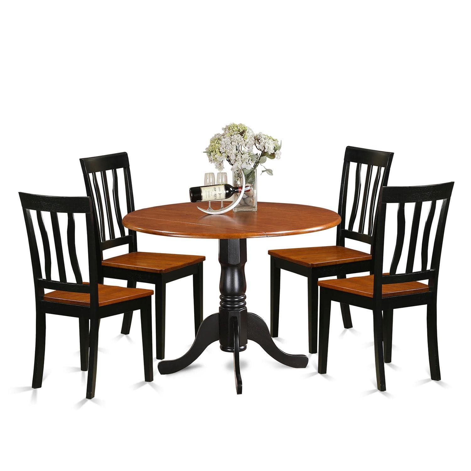 East West Furniture 5-Piece Black & Cherry Dinette Set - 42x42 Inch Round Drop Leaf Dining Table with 4 Chairs - Perfect for Small Kitchens, Breakfast Nooks & Compact Dining Spaces