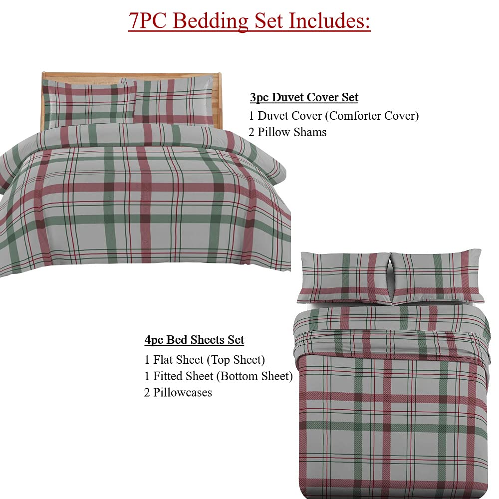 Royal Tradition 7-Piece Heavyweight Flannel Bedding Set - Full Size - Printed Plaid Design (Duvet Cover + Sheets) | Cozy Winter Warmth for Bedroom & Guest Room