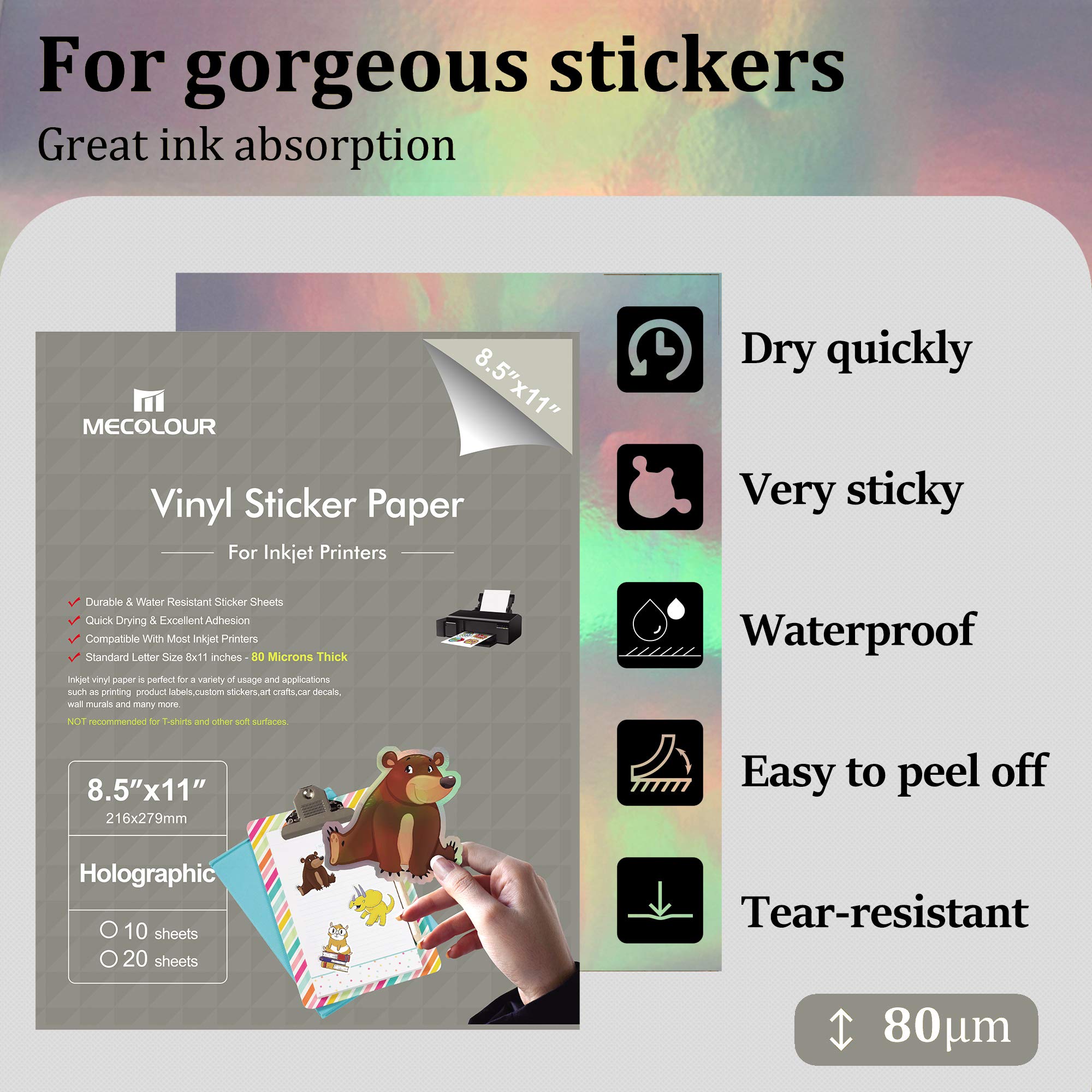 Premium MECOLOUR Holographic Sticker Paper 8.5''x11'' - Printable Rainbow Vinyl Sheets for Inkjet Printers | Waterproof, Quick-Drying, Vivid Colors & Tear Resistant (20 Sheets) | Perfect for DIY Crafts, Scrapbooking, Laptop Decals & Product Labeling