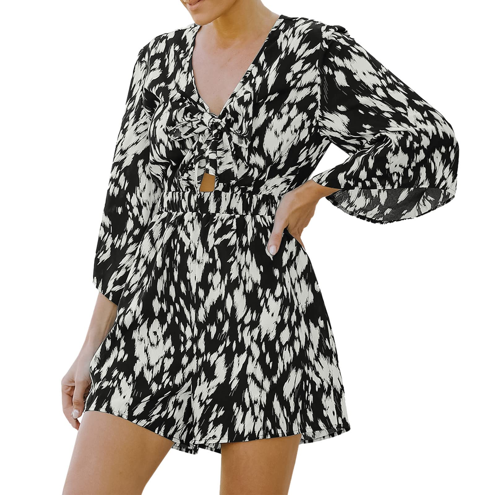 Sexy V-Neck Self-Tie Front Short Romper Jumpsuit for Women – Summer Beach Party & Date Night Outfit