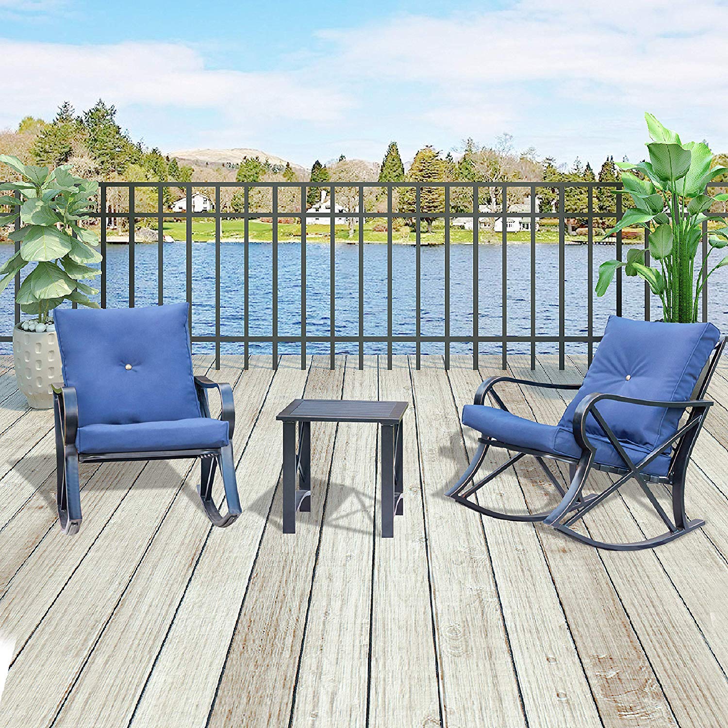 **Outdoor Rocking Chair Set with Coffee Table & Cushions - 3-Piece Patio Furniture for Backyard, Porch, Poolside - Durable Metal Bistro Set (Blue) - Perfect for Relaxing, Lounging & Entertaining**