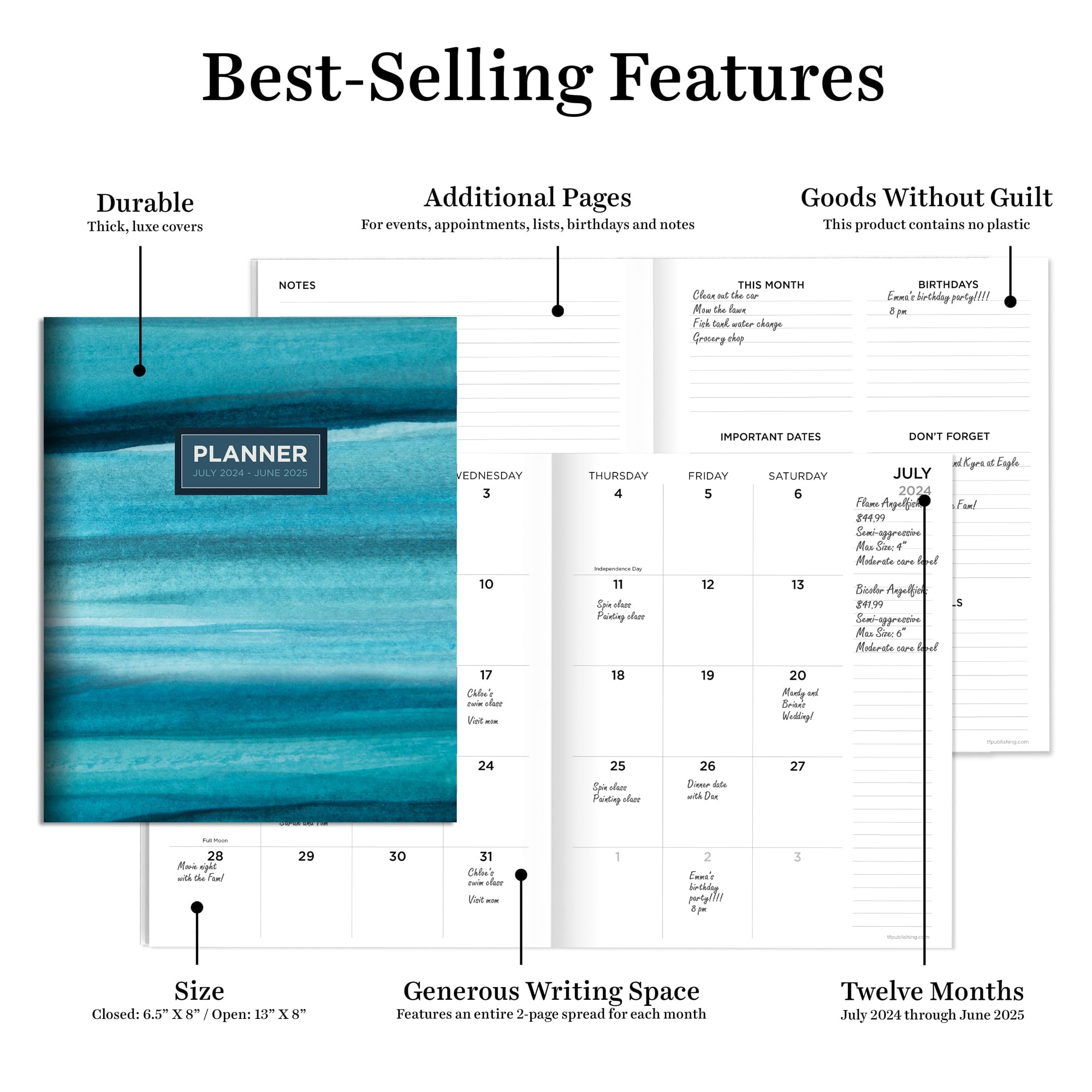 July 2024 - June 2025 Blue Watercolor Monthly Planner - 8.5