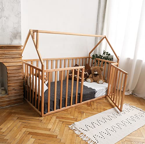 BUSYWOOD Montessori Floor Bed for Toddlers & Kids - Full & Queen Size Toddler Bed Frame with Safety Rails - Solid Wood Montessori Bed for Child's Room (Model 21) - Perfect for Montessori Bedrooms, Daycare Centers & Safe Sleep Training