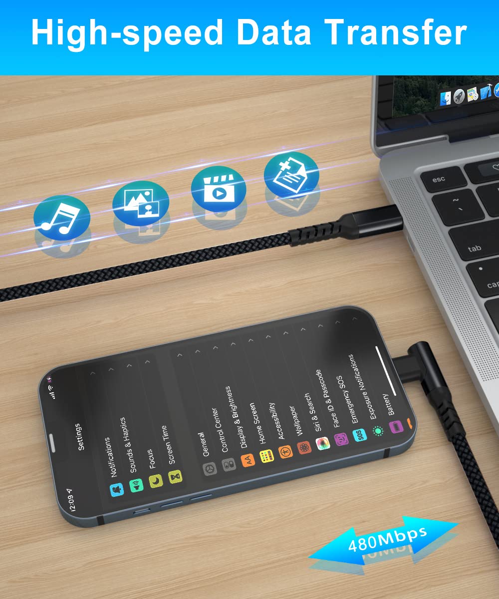 Right Angle USB C to Lightning Cable 3M with USB A Adapter - Fast Charging Cord for iPhone 14/13/12/11 Pro Max/Mini/Plus, XS/XR/X, 8/7/SE & iPad 9th/8th Gen - Perfect for Car, Bedside & Travel Charging