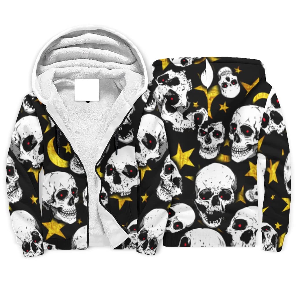 Men's Skull Print Full-Zip Hooded Sweatshirt with Pockets - Winter Warm Pullover Jacket for Streetwear & Gothic Fashion | Perfect for Halloween, Concerts, and Casual Outfits