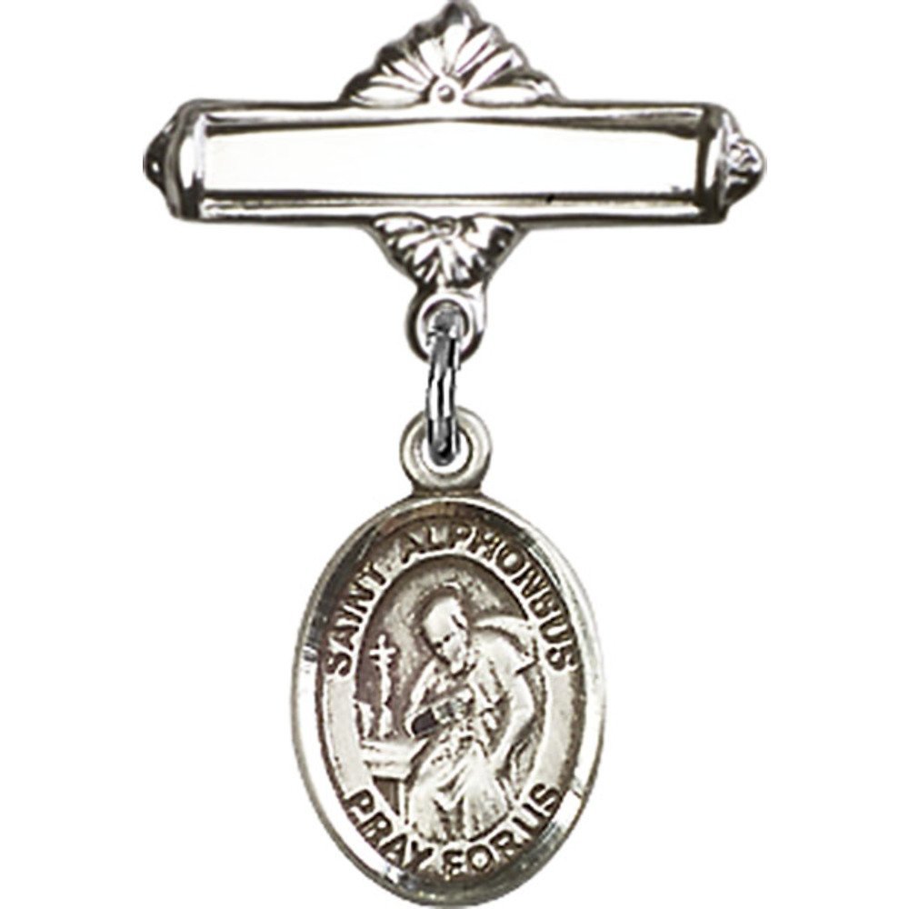 St. Alphonsus Sterling Silver Baby Badge with Polished Pin - 1 X 5/8 Inch Religious Charm for Christening, Baptism & First Communion Gifts