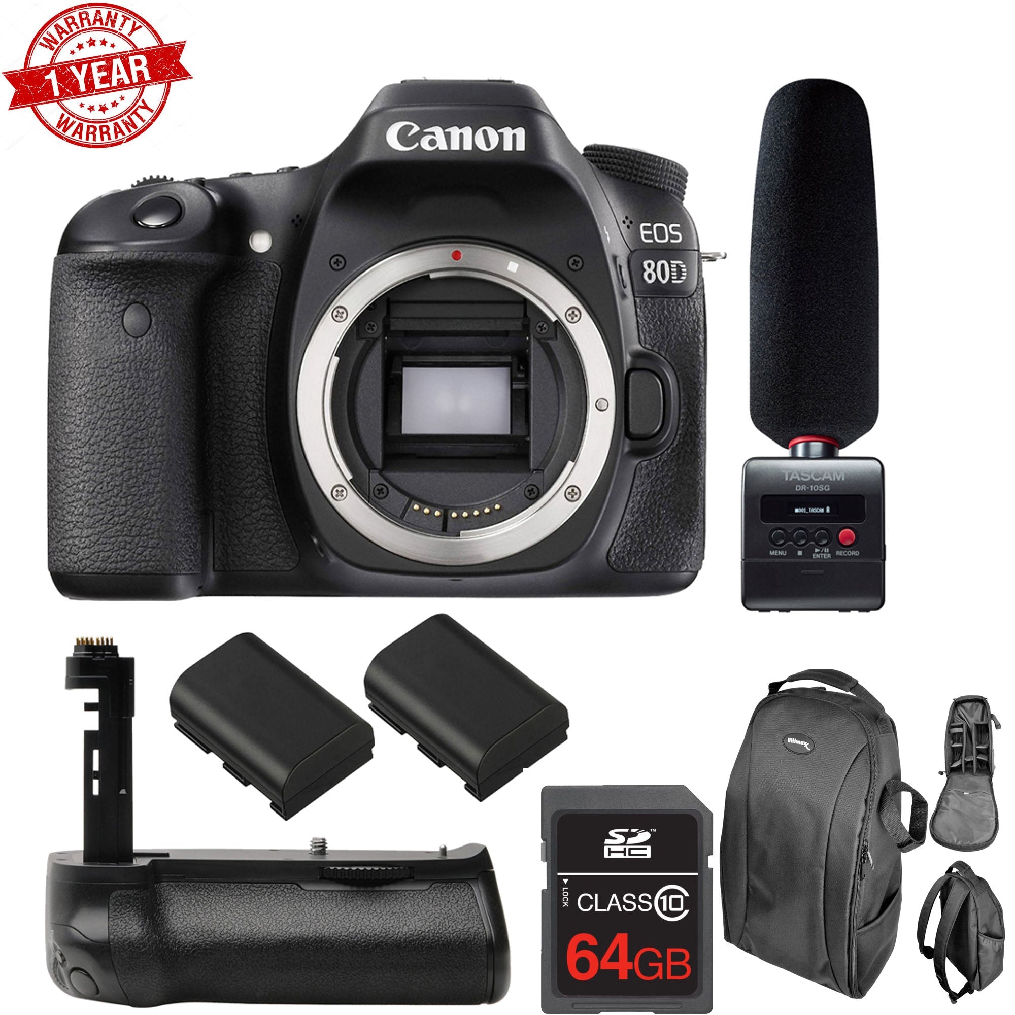Canon EOS 80D DSLR Camera Body Only with Tascam DR-10SG Digital Audio Recorder & Lavalier Microphone Kit - Professional Photography & Videography Setup for YouTube, Vlogging, and Film Production