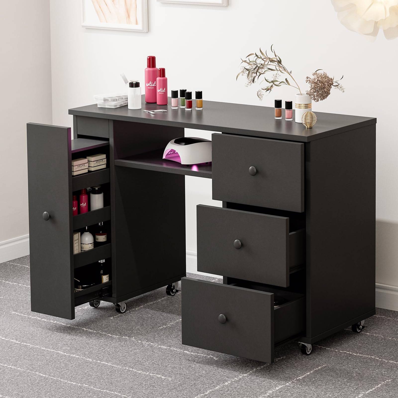 Professional Manicure Table Nail Desk with 3 Drawers & Storage Cabinet - Portable Nail Tech Station with Lockable Wheels - Beauty Salon Workstation for Nail Artists & Home Use (Black) - Perfect for Nail Salons, Home Studios & Mobile Nail Technicians