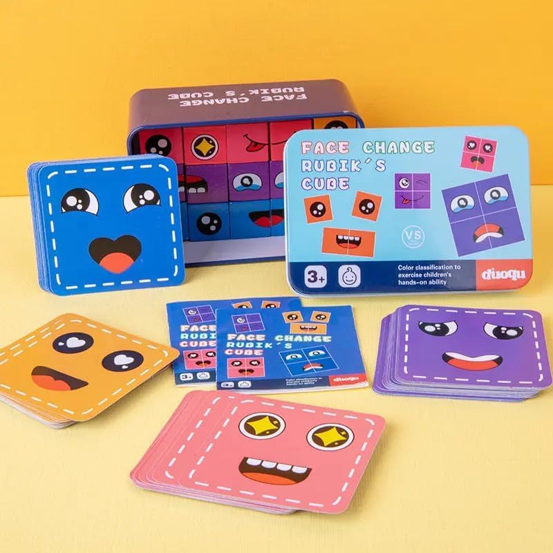 Wooden Face Cube Change Puzzle - 16 Face Blocks & 72 Playing Cards, Emoji Expressions Matching Game for Kids Ages 3+, Fun Educational Toy for Boys and Girls - Perfect for Family Game Night, Birthday Gifts, and Classroom Learning Activities