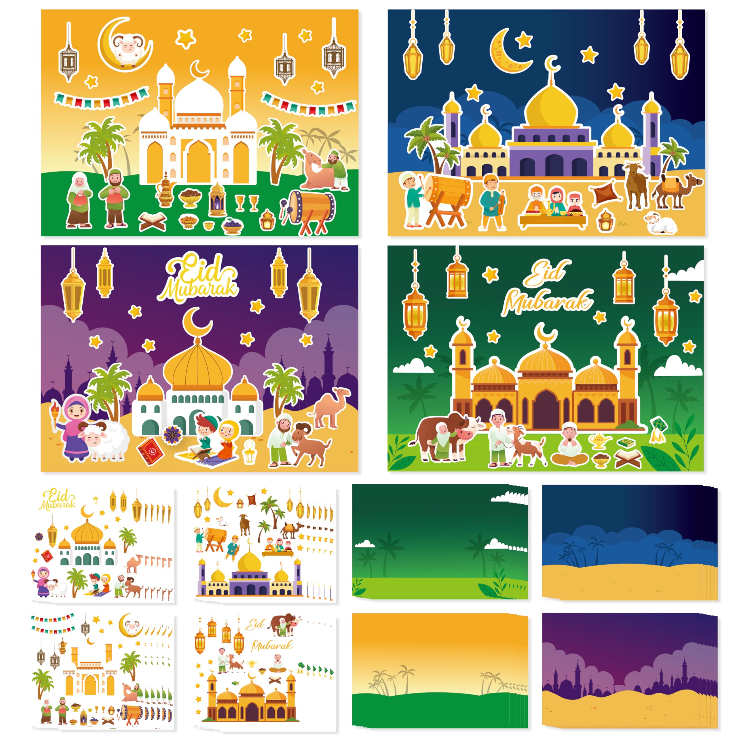 COcnny 48pcs Eid Mubarak Craft Kit - DIY Mosque Scene Stickers for Kids, Ramadan Kareem Decal, Islamic Religious Art Ornaments for Eid Al-Fitr Party, School Projects, Classroom Decor & Family Celebrations