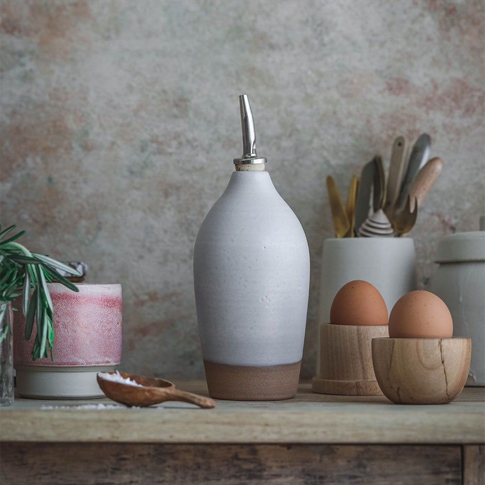 Premium Ceramic Oil Bottle with Drip-Free Spout - Elegant Light Color for Kitchen & Dining - Perfect for Olive Oil, Vinegar & Salad Dressing Dispensers