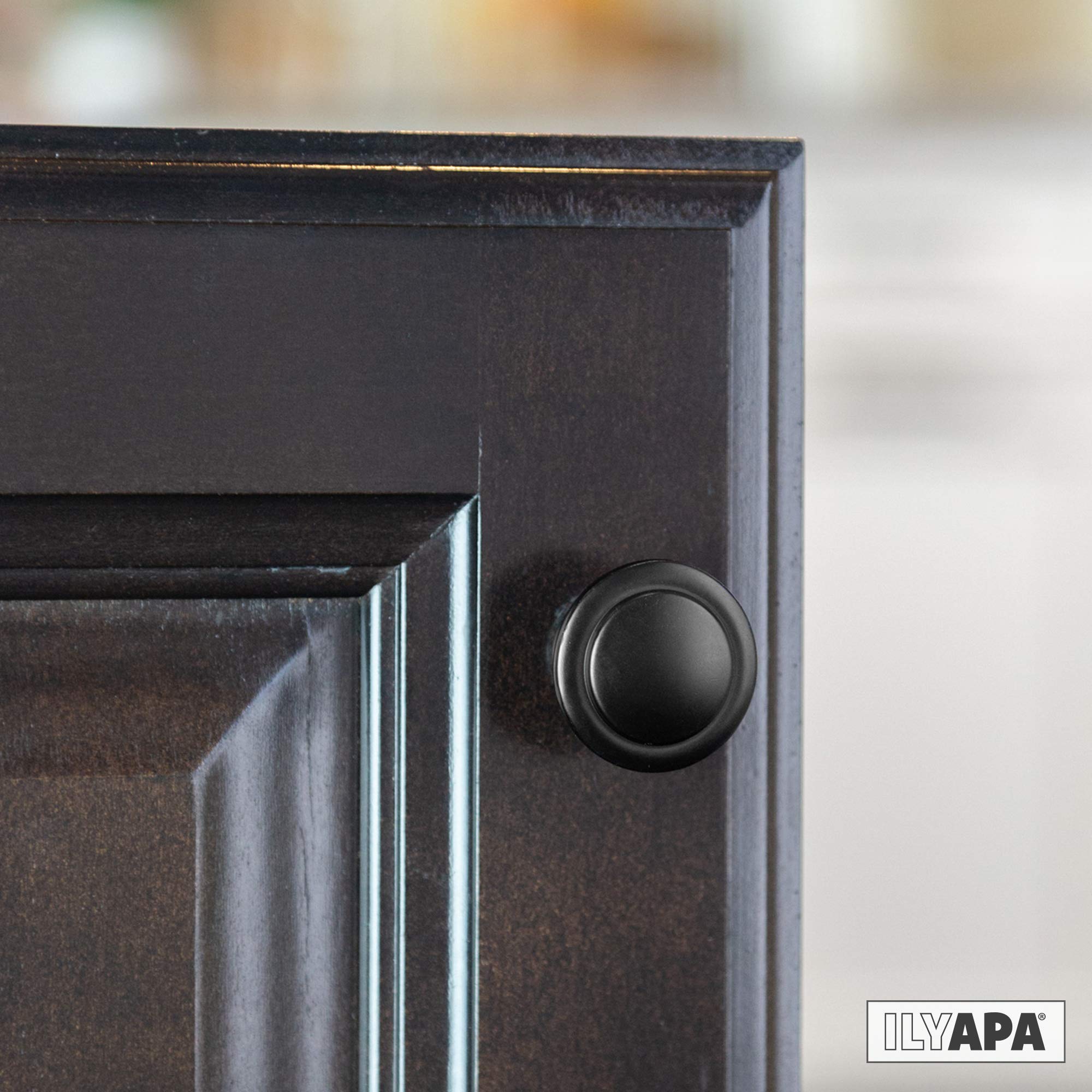 Ilyapa 1-1/4 Inch Round Flat Black Kitchen Cabinet Knobs - 5 Pack Matte Black Drawer Pulls for Cabinets, Dressers & Furniture Hardware - Perfect for Modern Kitchen & Bathroom Renovation