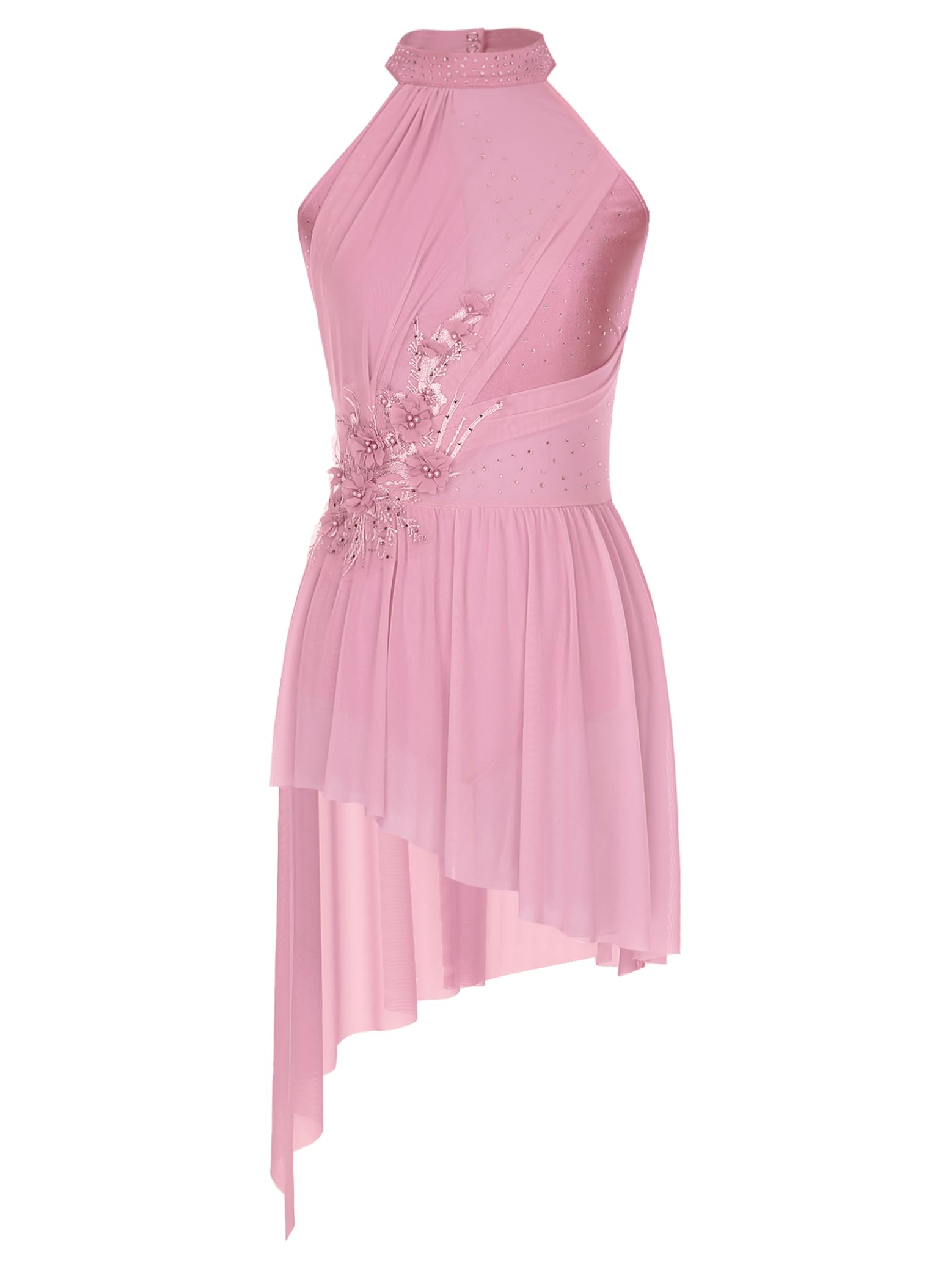 Women's Applique Lyrical Dance Dress with Irregular Flowy Tulle Skirt - Contemporary Leotard Costume for Ballet, Modern Dance, and Stage Performances