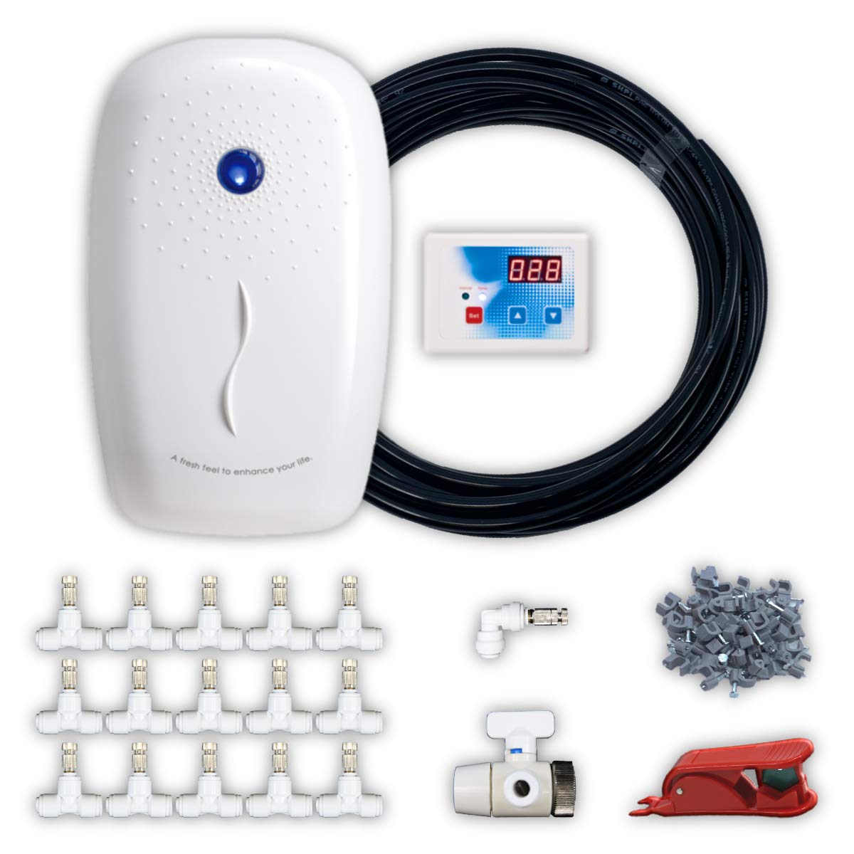 BUBU Smart Misting System - Adjustable Misting Timer, Patented Self-Cooling Pump, 15 Durable Metal Nozzles for Instant Cooling | 32ft UV-Resistant Tubing | Perfect for Patio, Poolside, and Outdoor Events