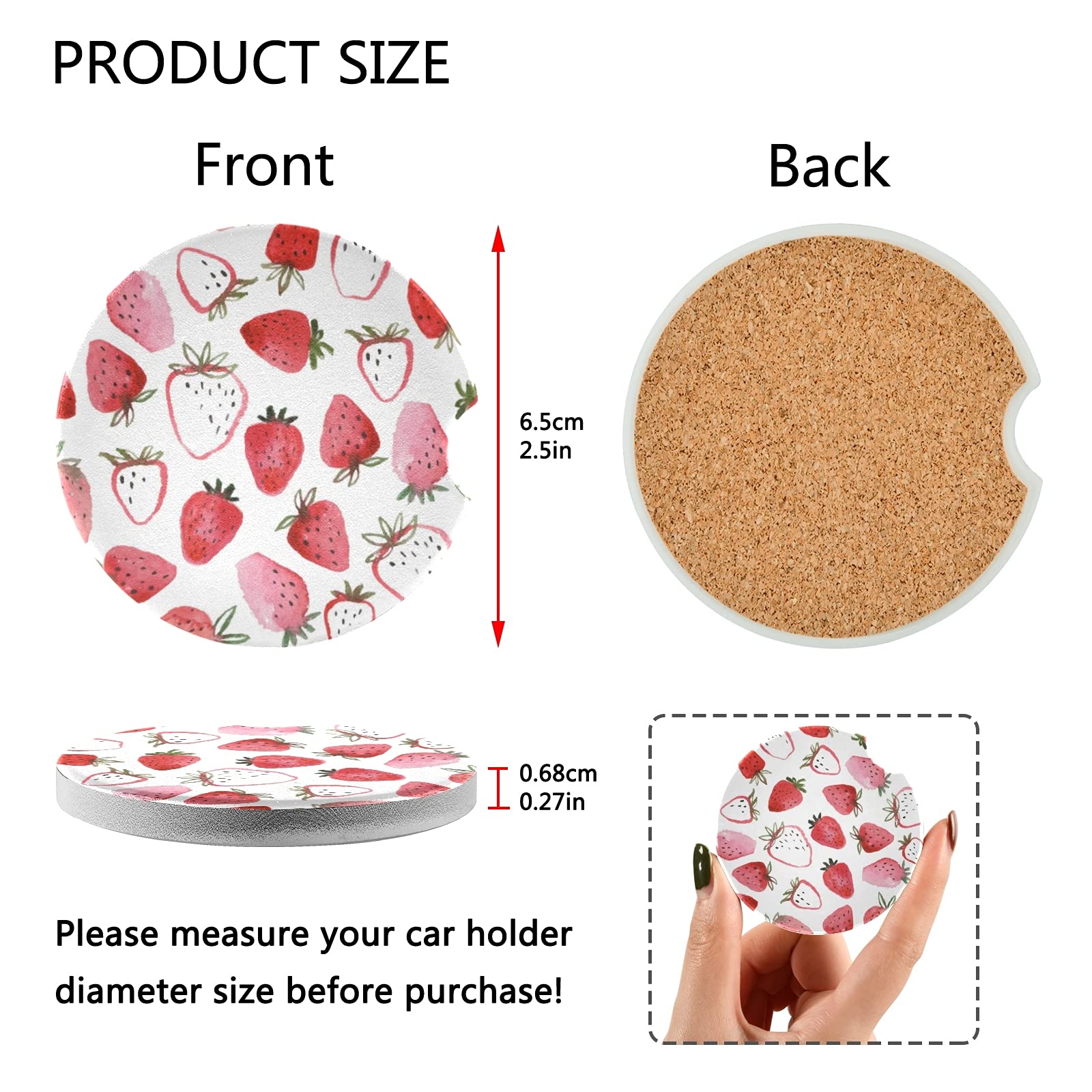2 Pack Absorbent Ceramic Car Coasters with Watercolor Strawberries Design, 2.5 Inch Non-Slip Cup Holder Coasters for Drinks, Perfect for Cars, Trucks, and RVs