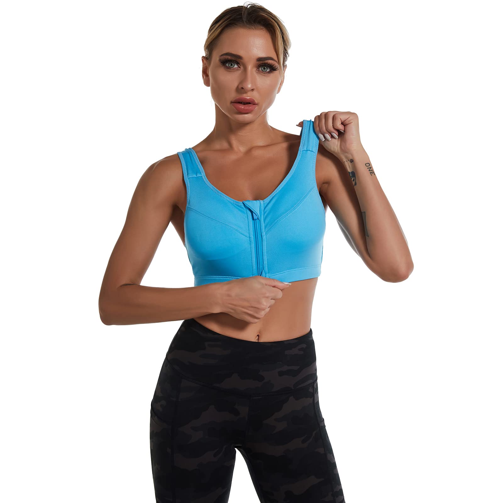 ANUFER Women's 2 Pack High Impact Sports Bra - Zip Front Wireless Support with Removable Pads - Racerback Yoga Tank Top for Running, Gym Workouts & High-Intensity Training