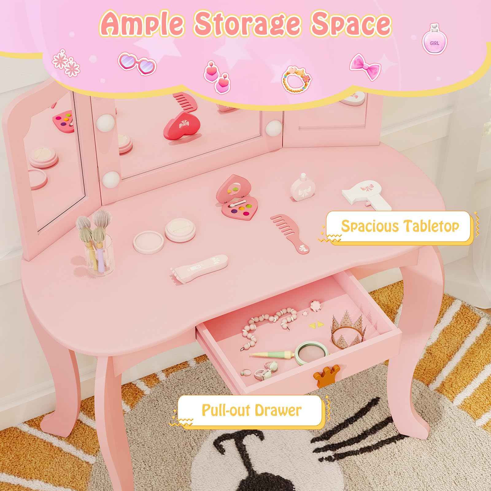 GLACER Pink Wooden Princess Makeup Vanity Set with Mirror, Stool & LED Lights - 2-in-1 Kids Vanity Desk with 3 Lighting Modes, Storage Drawer & Chair - Perfect for Bedroom Decor, Birthday Gifts & Pretend Play for Girls Ages 3-8