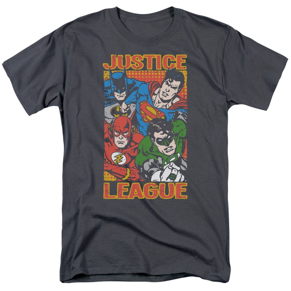 Justice League of America Men's Superhero Mashup Graphic T-Shirt - Charcoal Grey Cotton Tee for Comic Fans & Casual Wear