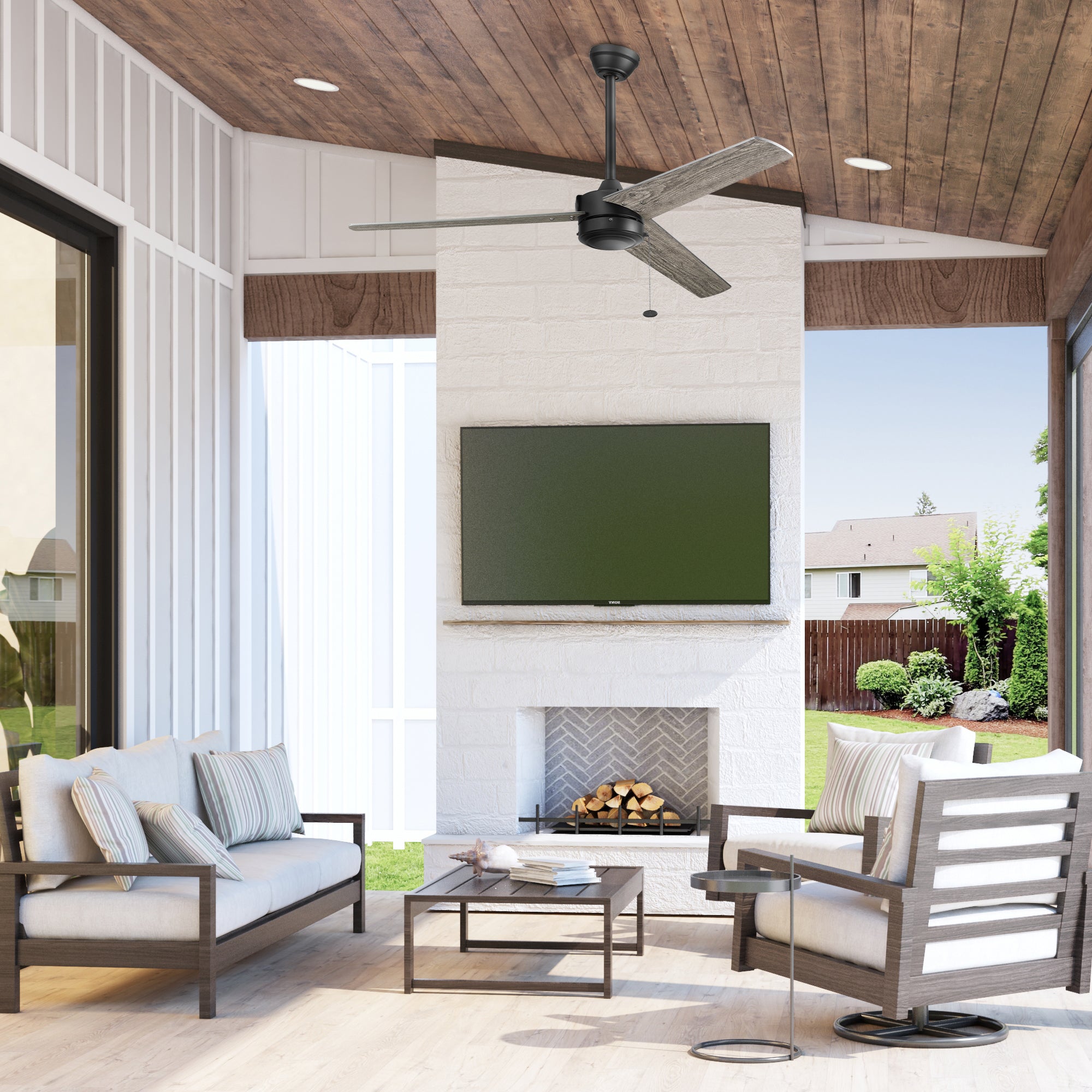 52 Inch Matte Black Ceiling Fan with Pull Chain - Indoor/Outdoor Use for Living Room, Bedroom, Patio & Covered Porch