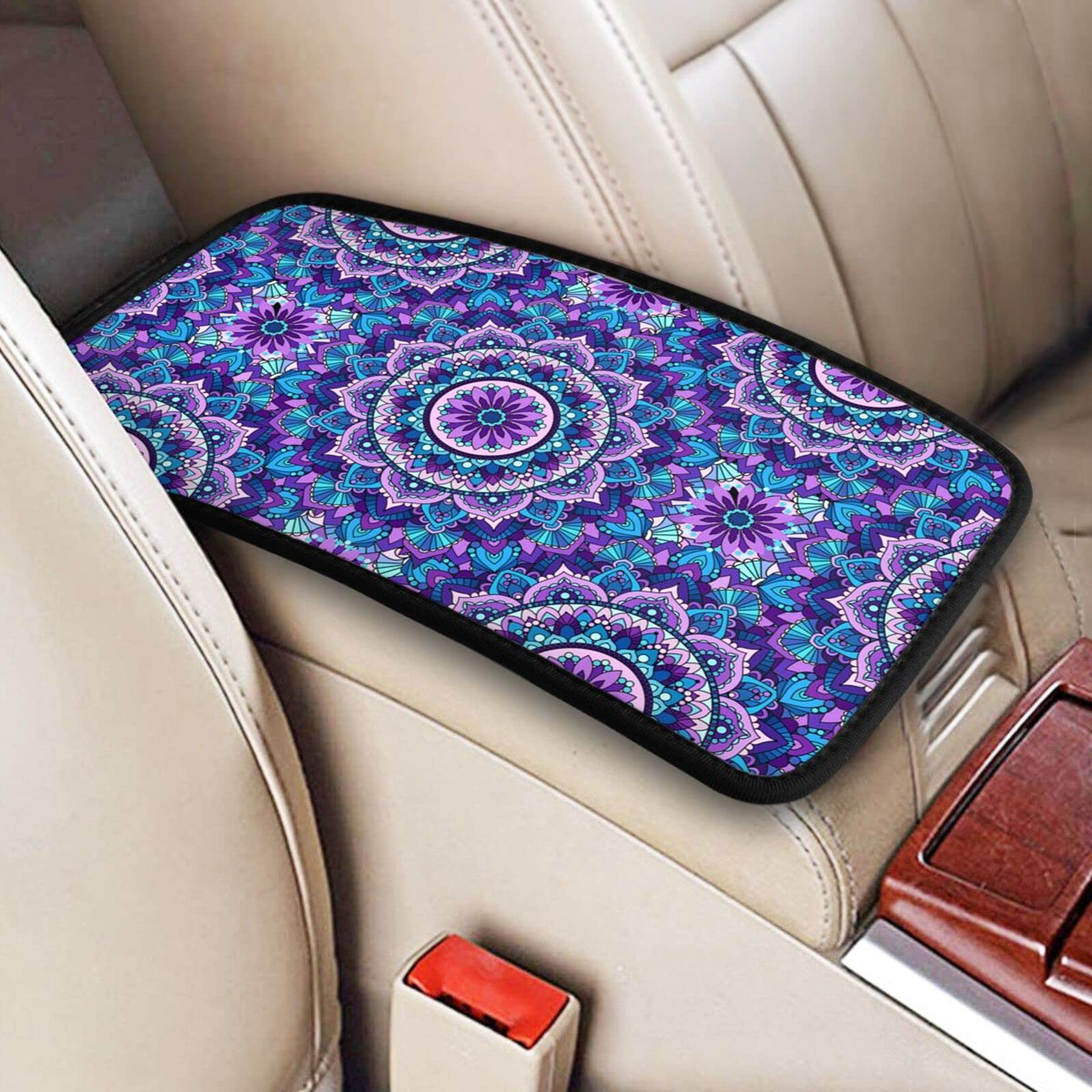 Purple Mandala Flowers Car Center Console Cover Pad - Soft Armrest Cushion for Comfort & Style - Universal Fit for Most Vehicles - Perfect for Road Trips, Commuting & Car Decor