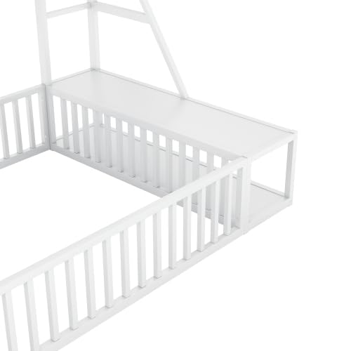 Full Size Kids Floor Bed with Safety Fence - White Metal Bed Frame with Built-in Desk & Storage Shelves for Toddlers and Children | Perfect for Small Bedrooms, Montessori Rooms, and Play Areas