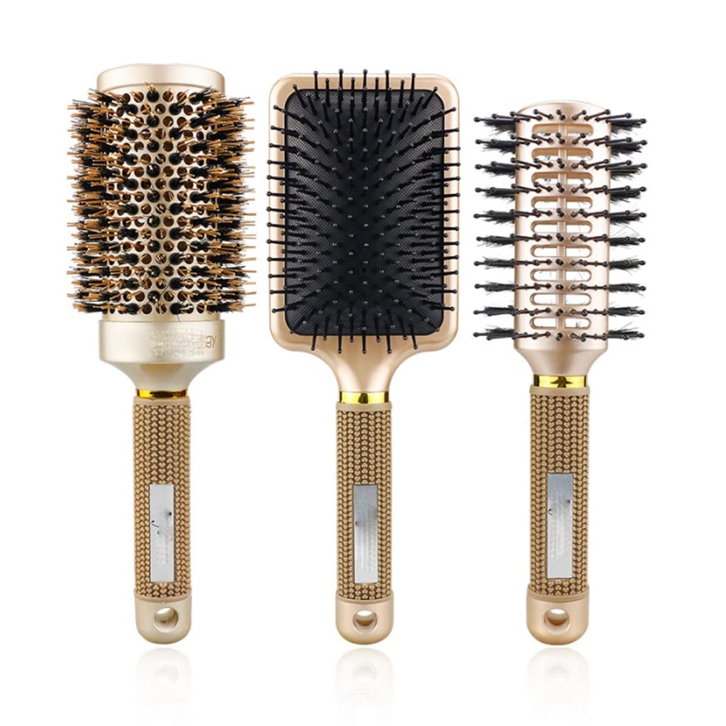 YFQHDD Professional Salon Hair Styling Brush Kit - Gold Ceramic Round Boar Bristle Comb for Anti-Static Detangling & Smoothing (26cm, Color B) | Perfect for Daily Hair Care, Salon Styling & Frizz Control