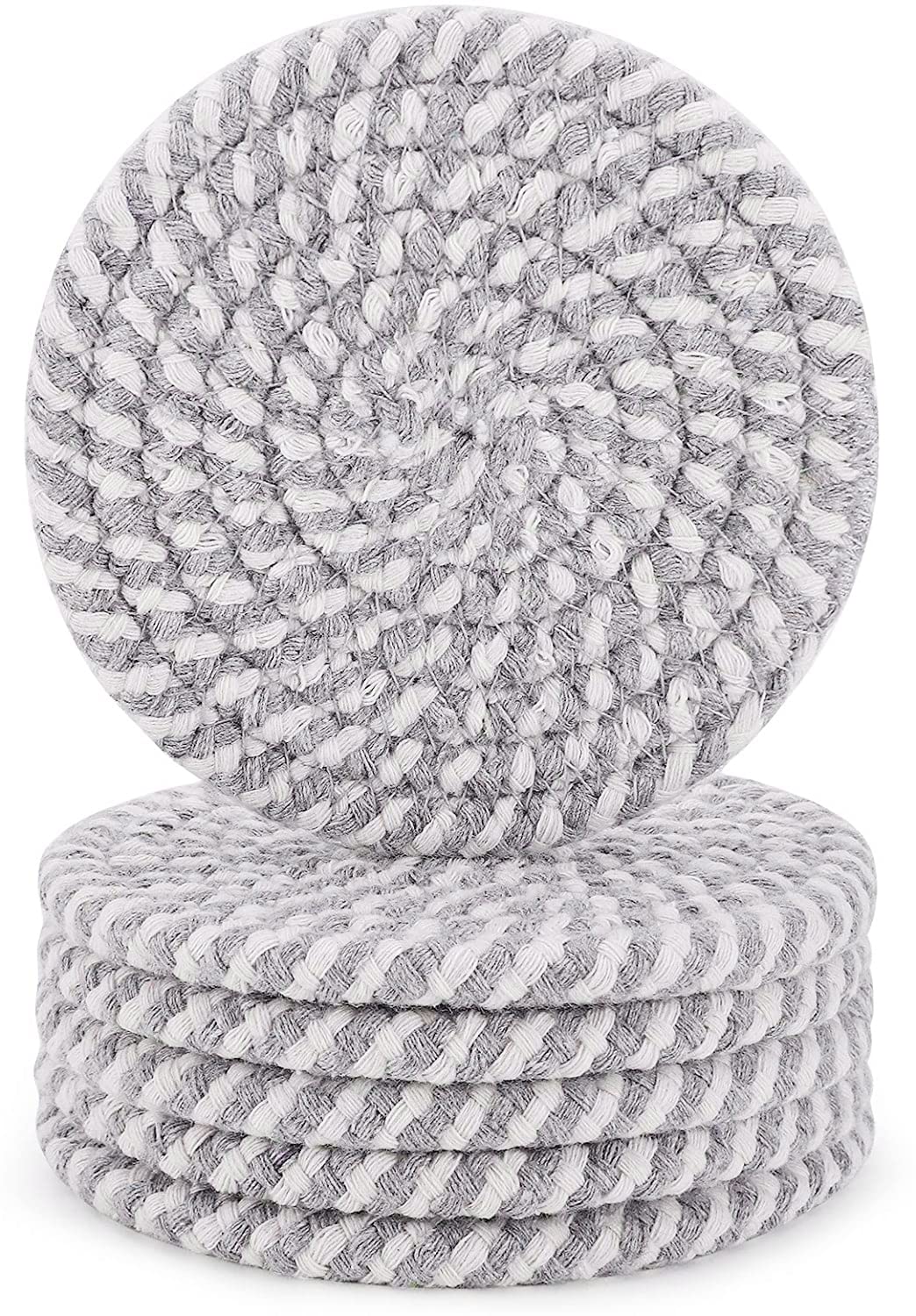 Handmade Braided Super Absorbent Drink Coasters - 6 Pack (4.3 Inch Round, 8mm Thick) Heat-Resistant Beverage Coasters for Coffee, Wine & Cocktails - Perfect Housewarming Gift (Mixed Gray) - Ideal for Dining Tables, Coffee Bars & Home Decor