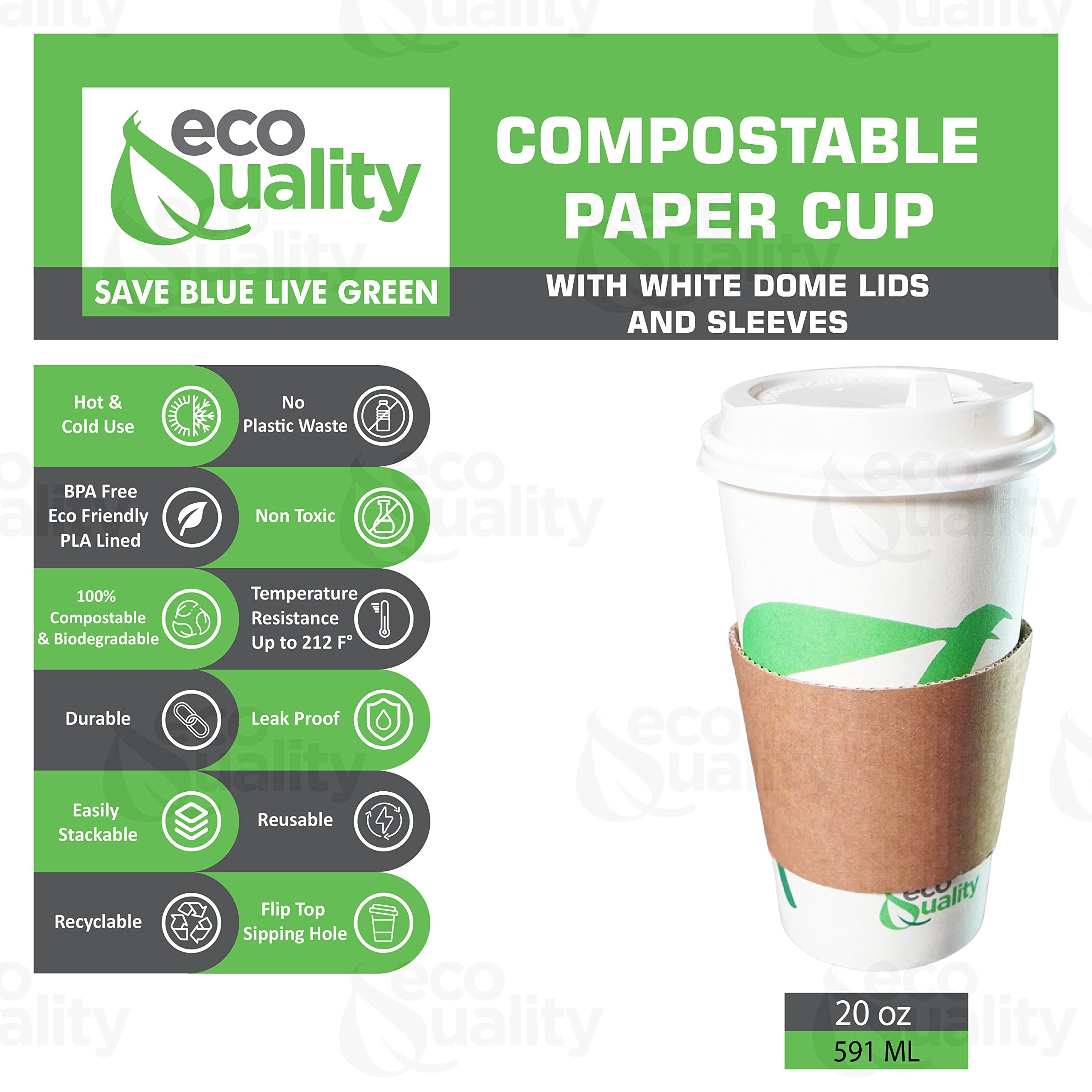 20 oz Biodegradable Compostable Paper Coffee Cups with White Dome Lids & Sleeves - PLA Lined Eco-Friendly Disposable Hot/Cold Drink Cups (250 Pack) - Perfect for Coffee Shops, Offices, Parties and Events