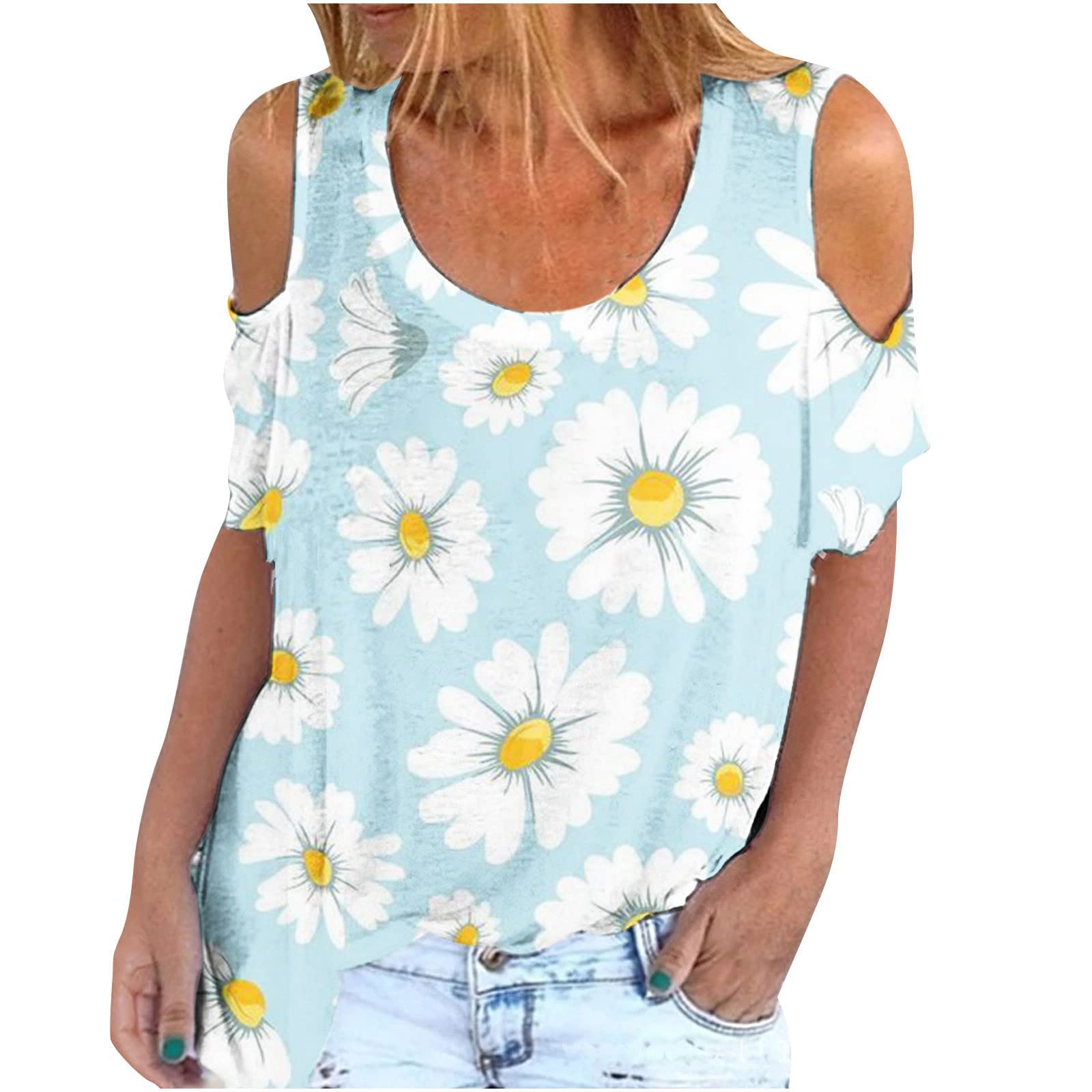 Women's Cold Shoulder Tops - Summer Short Sleeve Butterfly Print Blouse with Stretch Fabric, Casual Crewneck Fitted T-Shirt for Women | Perfect for Beach Outings, Date Nights & Summer Vacations