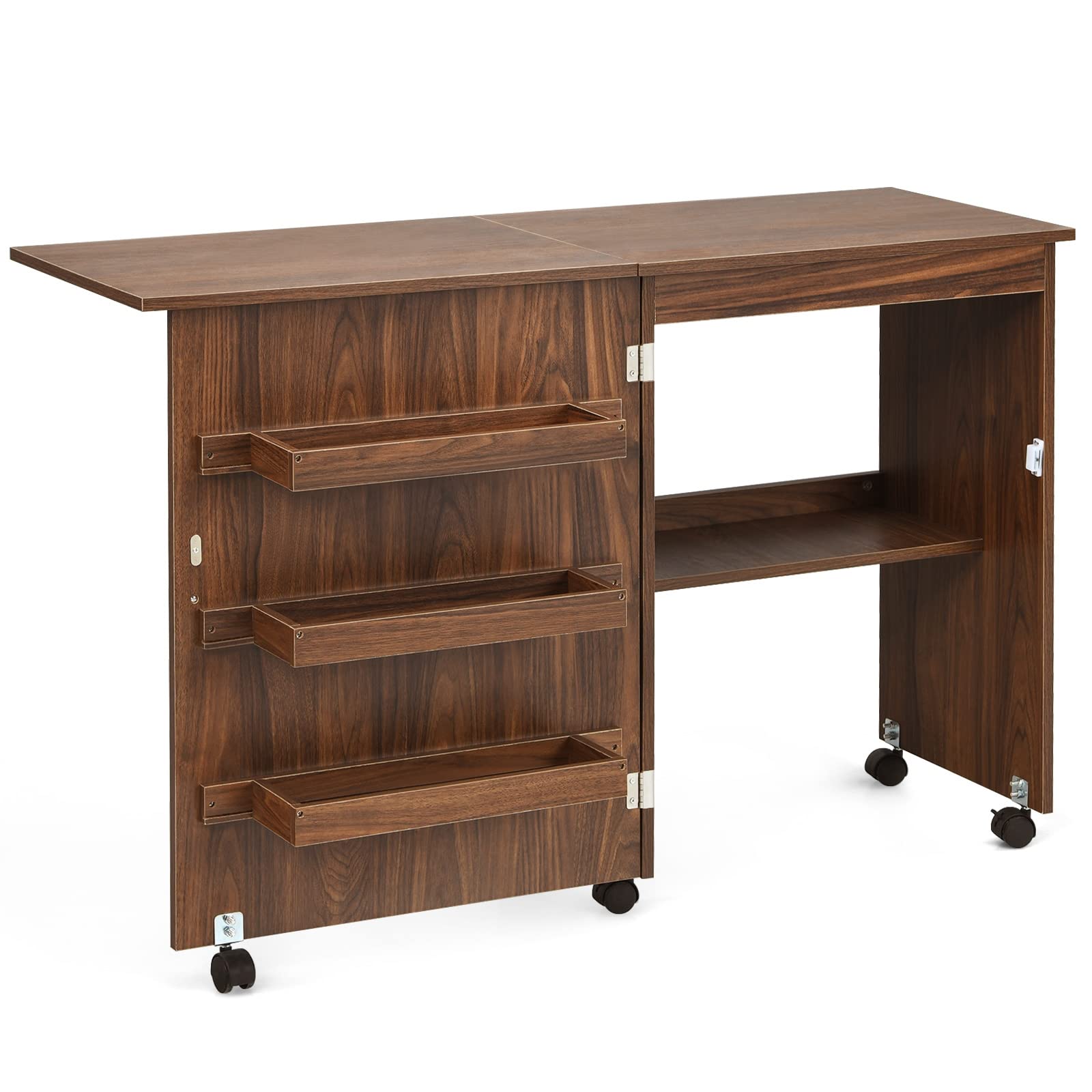 LHONE Portable Folding Sewing Craft Table with Storage Shelves & Wheels - Multifunctional Rolling Sewing Cart Cabinet for Space-Saving (Brown) | Perfect for Quilting, DIY Projects & Small Craft Spaces