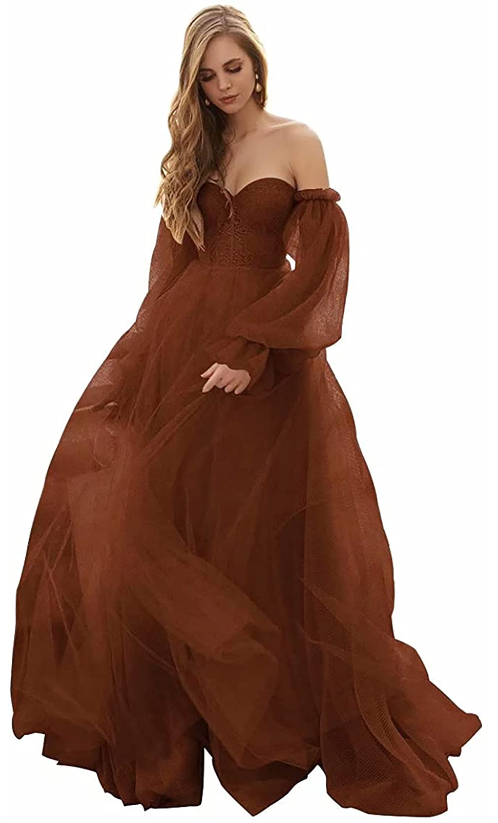 Elegant Women's Puffy Sleeve Prom Dress - Long Tulle Ball Gown with Off-Shoulder Neckline for Formal Parties, Weddings & Princess-Themed Events