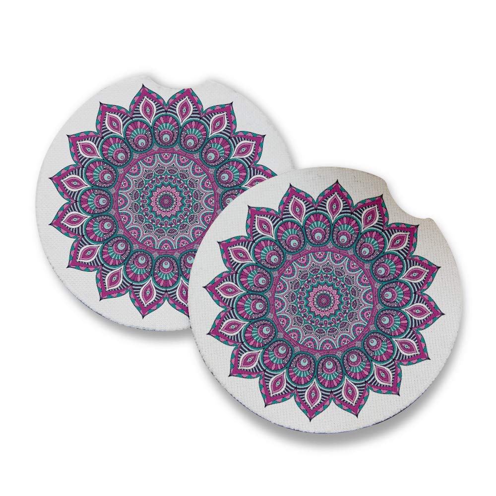 Purple Teal Mandala Car Coasters Set of 2 - Absorbent Drink Coasters with Non-Slip Rubber Backing (2.56 Inch) - Perfect Car Accessories for Coffee, Soda & Water Bottles - Great for Road Trips & Commuting