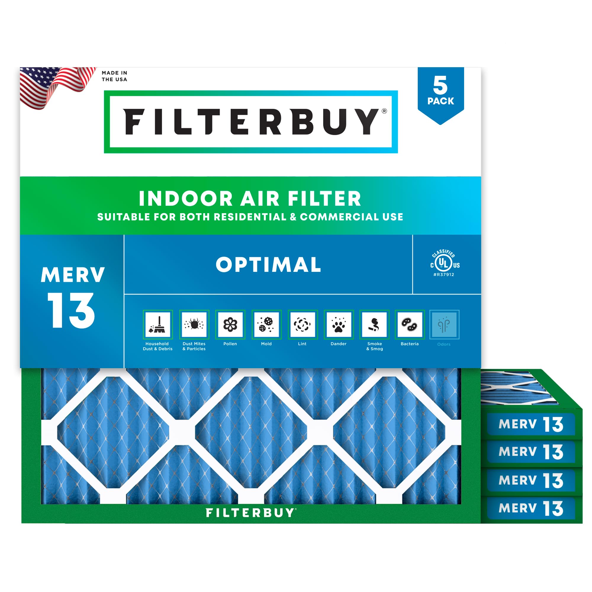 Filterbuy 19x19x1 MERV 13 Pleated Air Filter (5-Pack) - High Efficiency HVAC Furnace & AC Replacement Filters for Home, Office & Commercial Use - Actual Size 19x19x0.75 Inches - Traps Dust, Pollen & Allergens - Ideal for Allergy Sufferers & Clean Air Enthusiasts